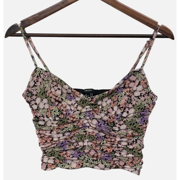 Forever 21 Tops - Forever 21 Floral Ruched Mesh Cami Crop Top Small Black Pink Purple Sweetheart